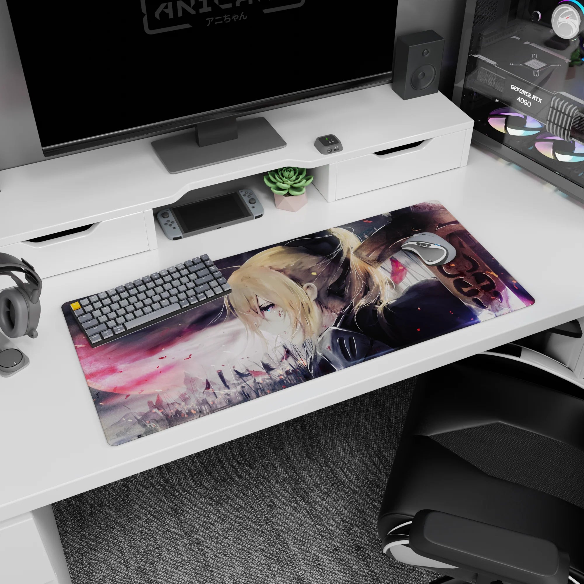 36x16 inches Violet Evergarden desk pad with wind-swept hair, sharp blue eye, and embers over a gray sky.