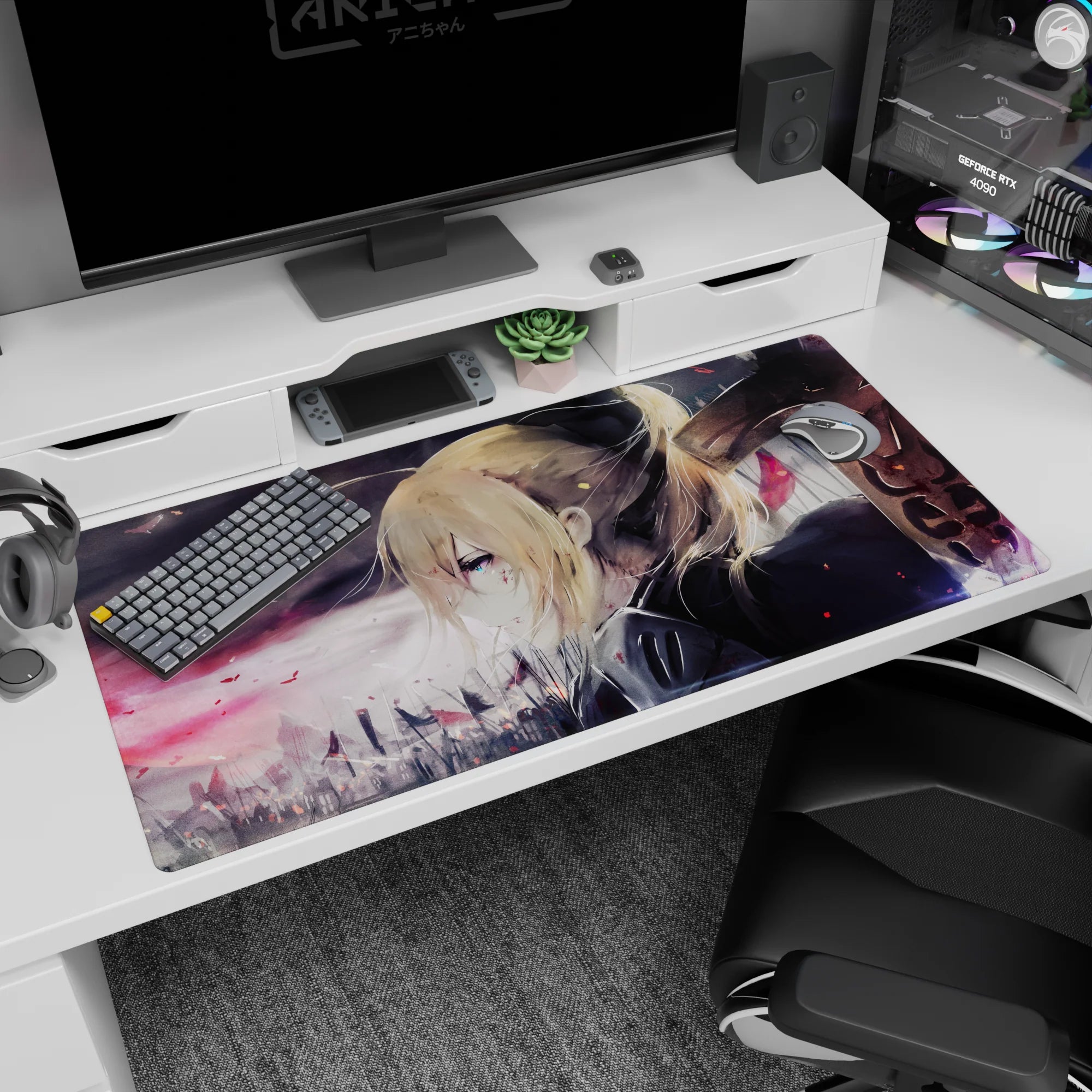 40x20 inches Violet Evergarden desk pad with windblown hair, sharp blue eye, and embers over a gray sky.