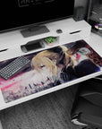 40x20 inches Violet Evergarden desk pad with windblown hair, sharp blue eye, and embers over a gray sky.