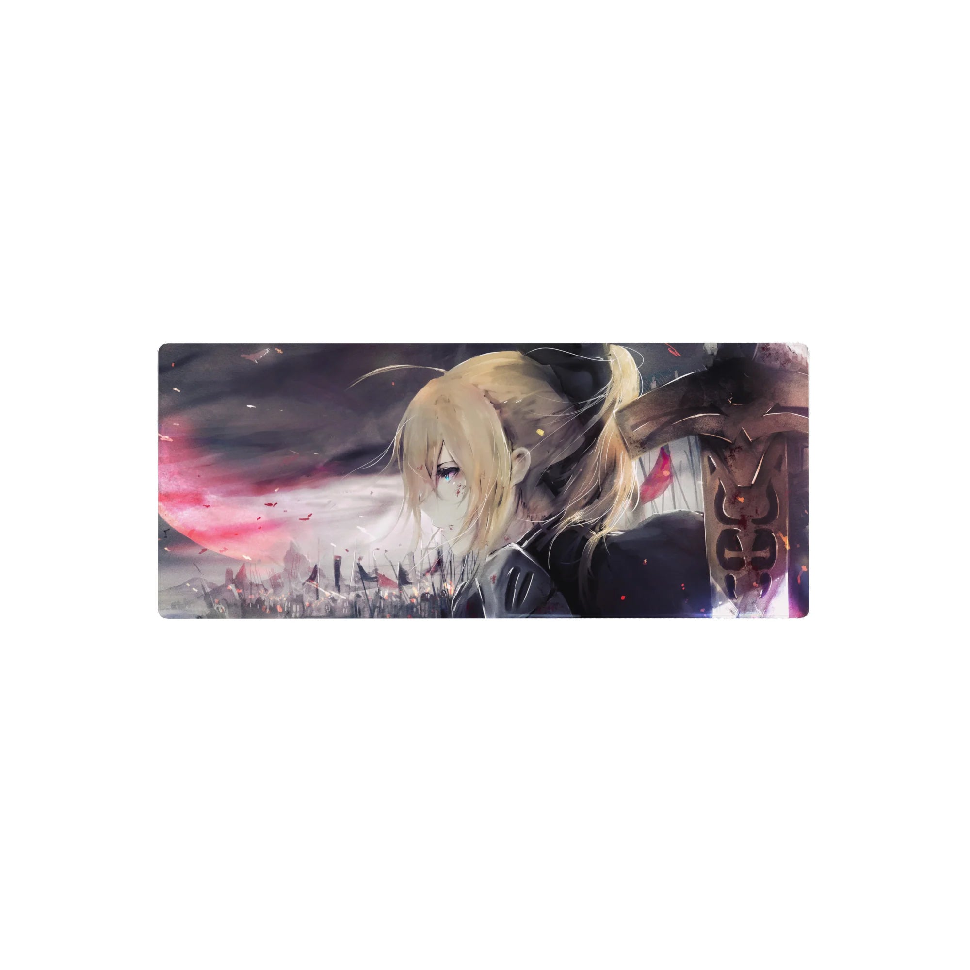 Cinematic anime girl mouse pad with moody city skyline and drifting embers, 28x12 inches.
