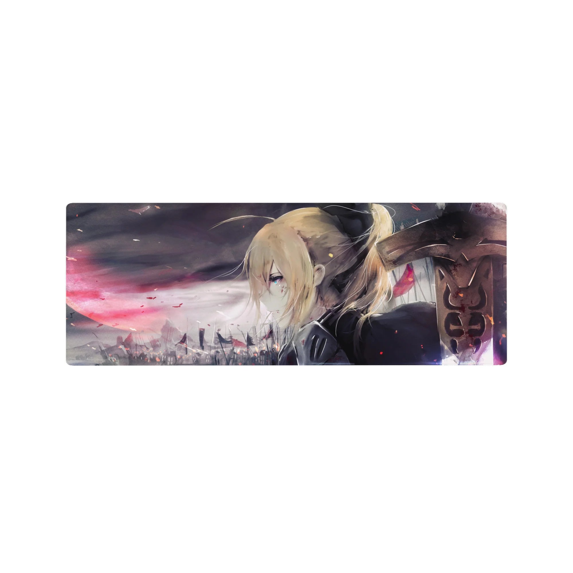 32x12 inches anime girl mouse pad with moody city skyline, drifting embers, and cinematic battle vibe.