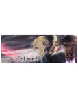32x12 inches anime girl mouse pad with moody city skyline, drifting embers, and cinematic battle vibe.