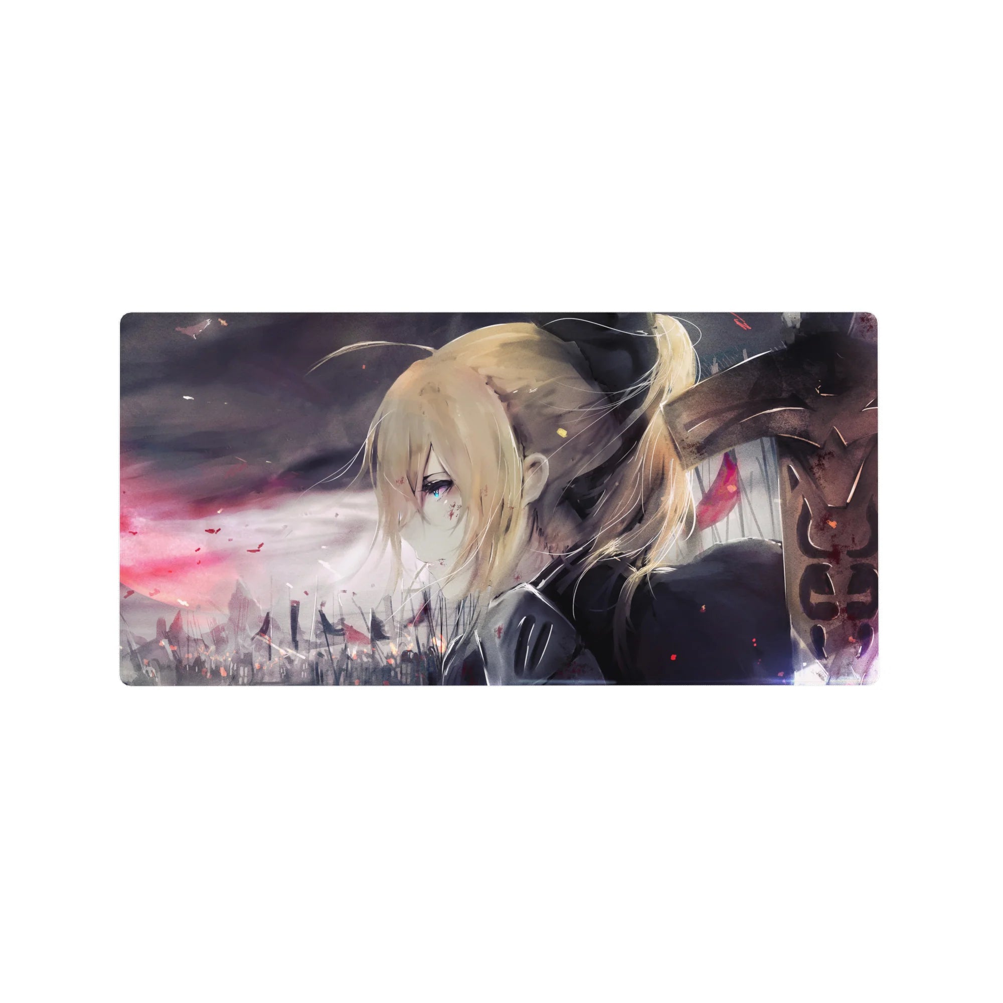 32x16 inches anime girl mouse pad with moody city skyline, windblown hair, and drifting embers.