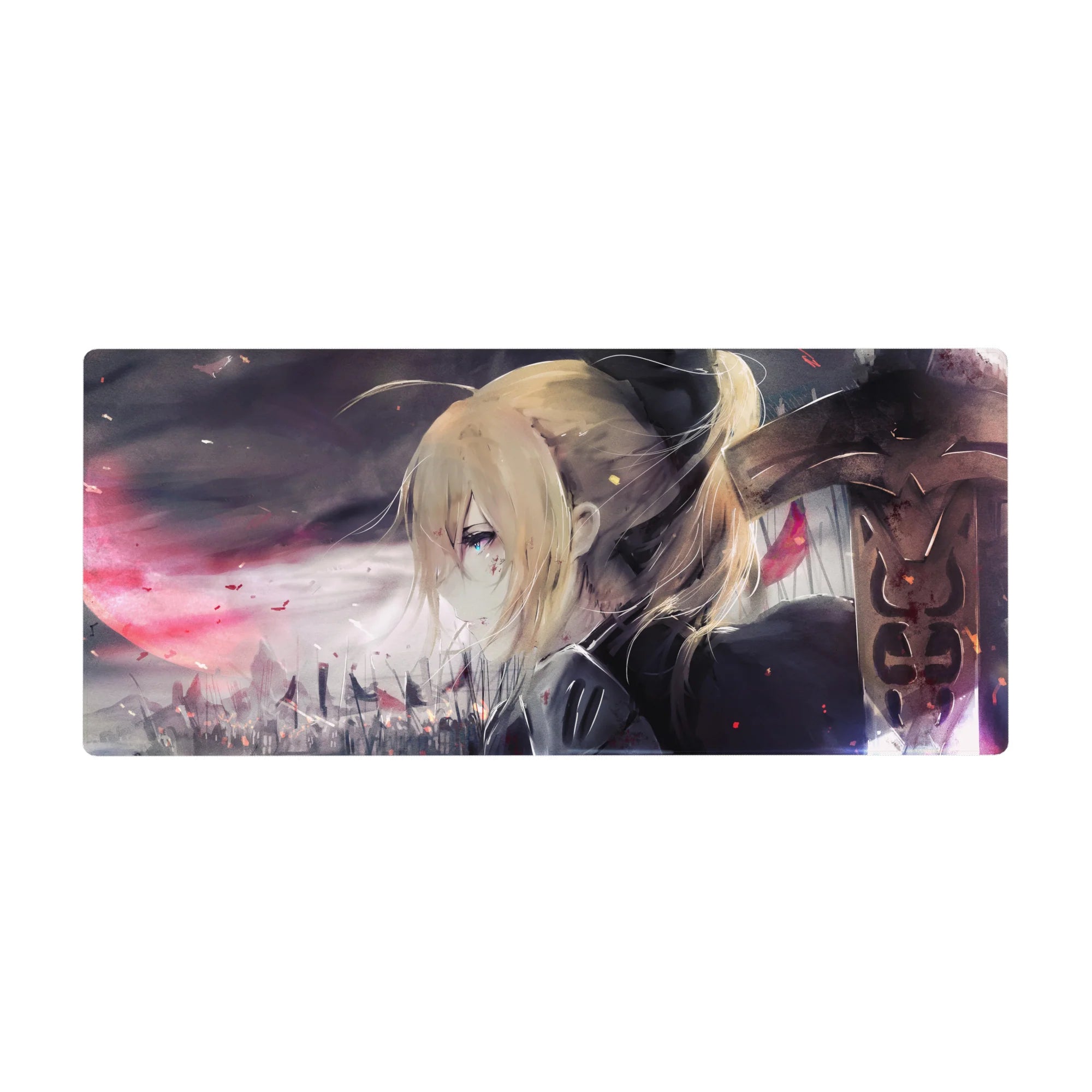 36x16 inches anime girl desk pad with moody city skyline, drifting embers, and cinematic battle pause scene.