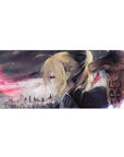 36x16 inches anime girl desk pad with moody city skyline, drifting embers, and cinematic battle pause scene.