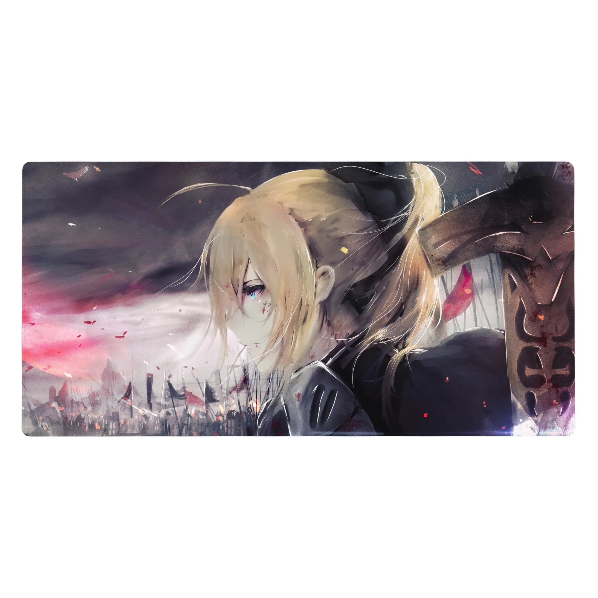 40x20 inches anime girl desk pad with moody city skyline, drifting embers, and cinematic battle vibe.