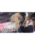 40x20 inches anime girl desk pad with moody city skyline, drifting embers, and cinematic battle vibe.