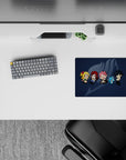 Deep navy anime mouse pad with soft gray emblem and bright chibi colors, 14x10 inches.