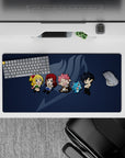 Deep navy Fairy Tail desk mat with soft gray emblem and bright chibi colors, 32x16 inches.