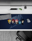 Deep navy 36x16 inches anime desk pad with soft gray emblem and bright chibi accents, fun vibe.