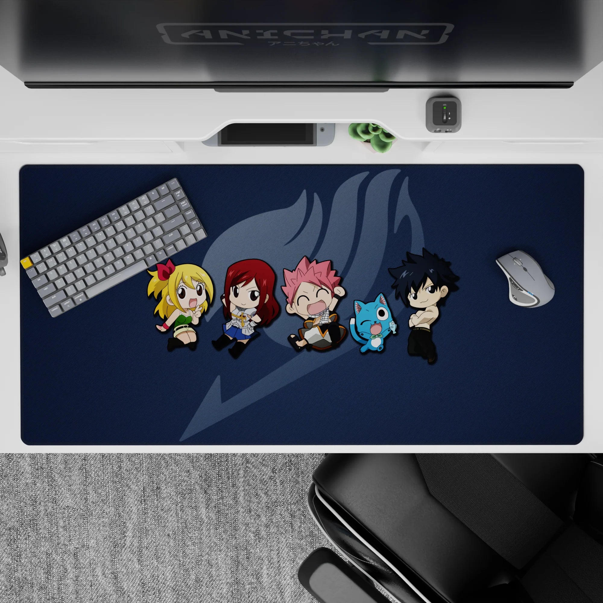 Navy and soft gray backdrop with bright chibi accents for a fun desk vibe, 40x20 inches anime desk pad.