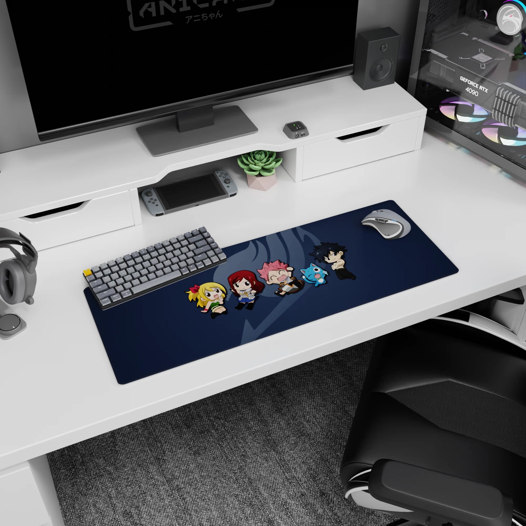 Lucy, Natsu, Erza, Happy and Gray lined up in chibi style, anime mouse pad 32x12 inches.