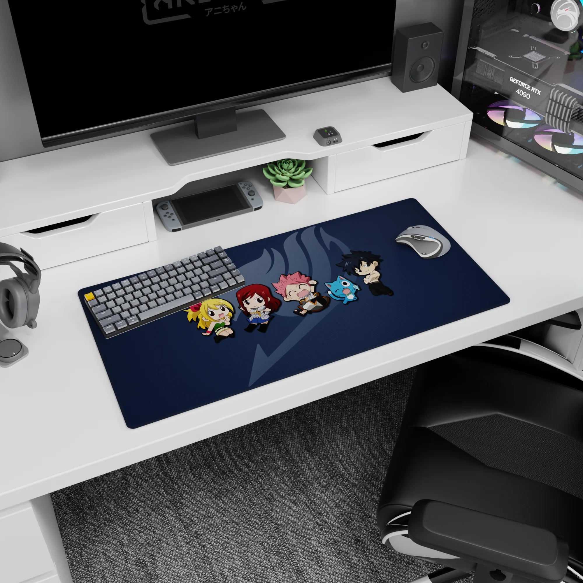 Lucy, Natsu, Erza, Happy and Gray chibi squad on navy anime mouse pad, 32x16 inches.