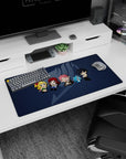 Lucy, Natsu, Erza, Happy and Gray chibi squad on navy anime mouse pad, 32x16 inches.