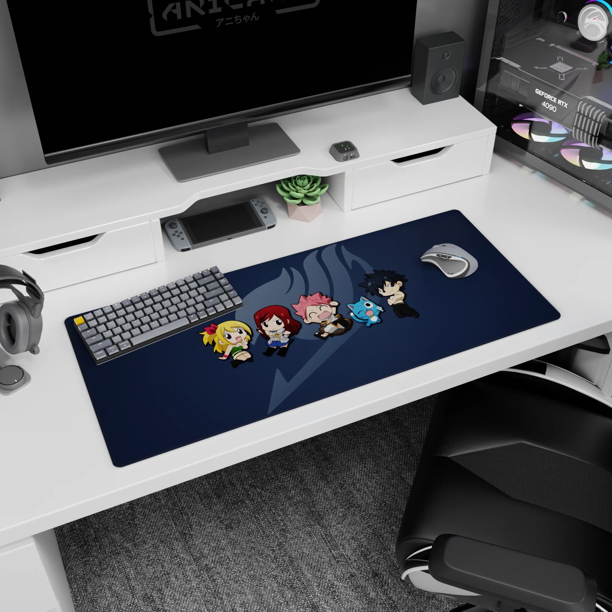 Lucy, Natsu, Erza, Happy and Gray chibi row on a 36x16 inches anime desk pad, navy backdrop.