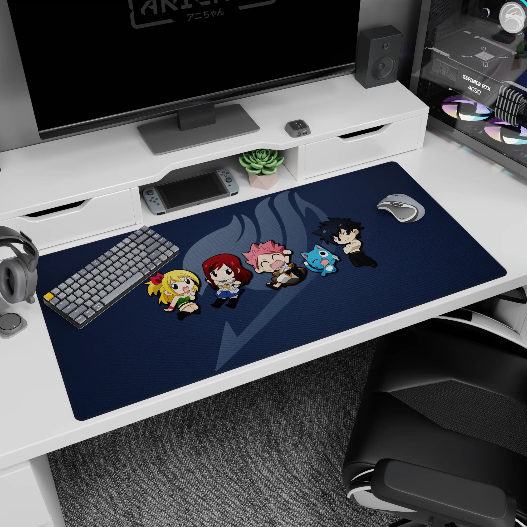 Lucy, Natsu, Erza, Happy and Gray chibi squad across a navy background, 40x20 inches desk pad.
