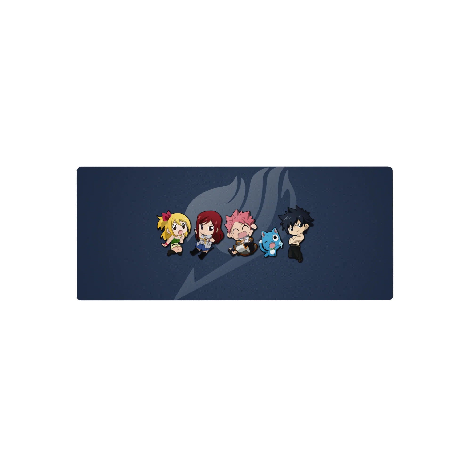 Fairy Tail chibi crew anime mouse pad 28x12 inches with guild emblem on deep navy background.