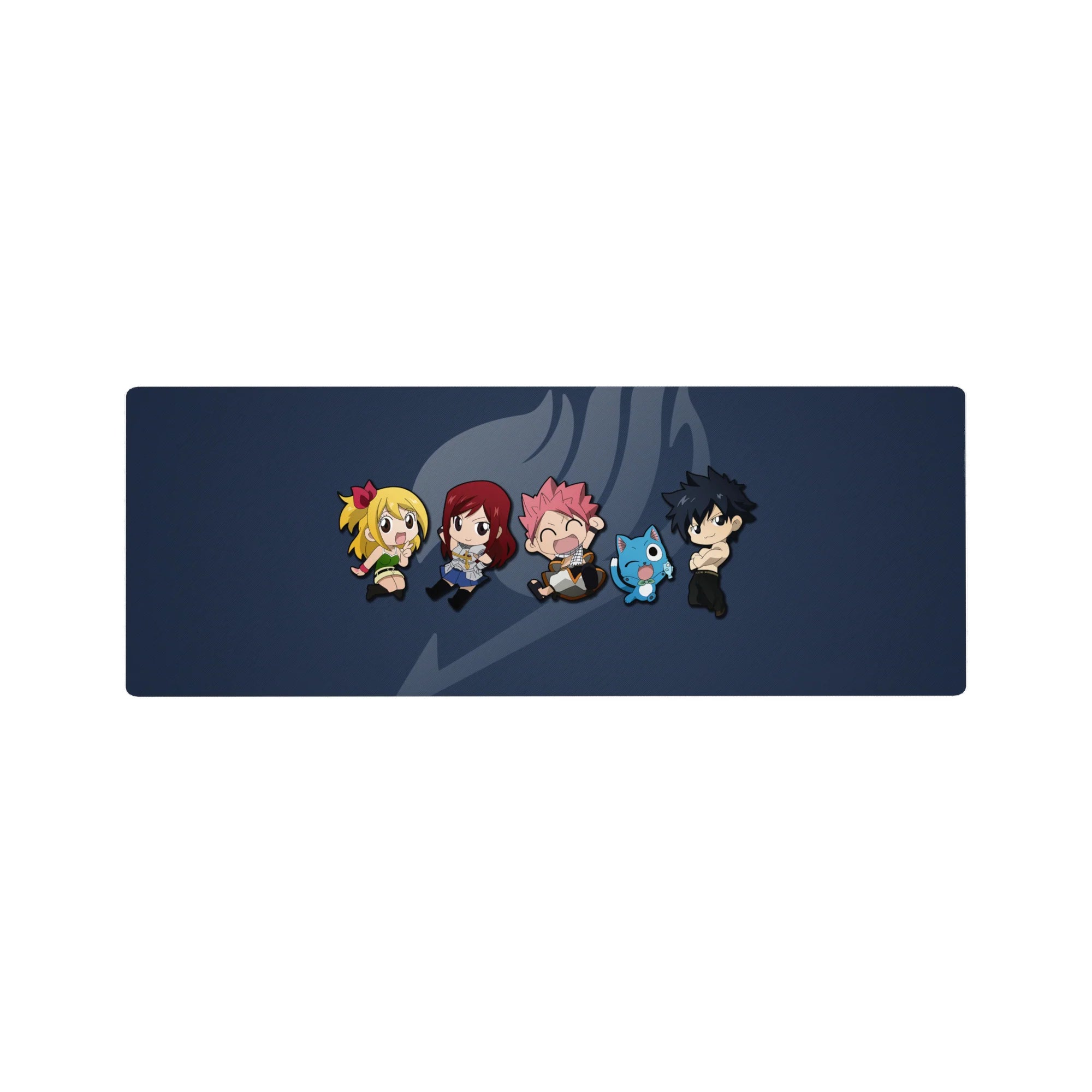 Fairy Tail chibi crew desk mat with guild emblem backdrop, anime mouse pad 32x12 inches.
