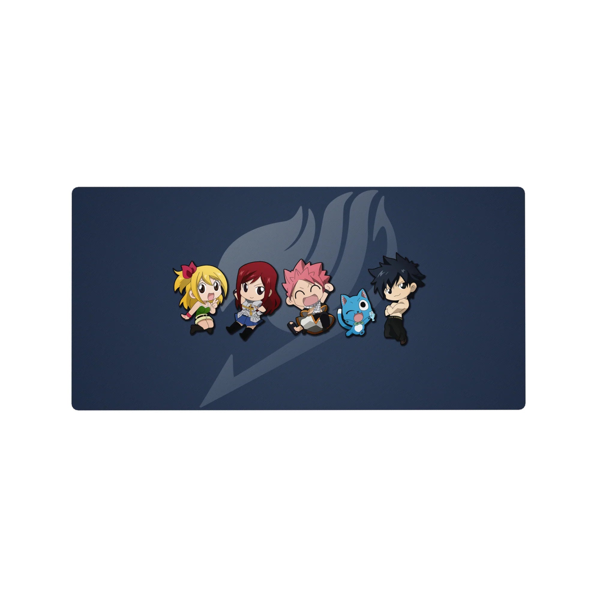Fairy Tail chibi crew lineup anime mouse pad with ghosted guild mark on navy, 32x16 inches.