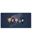 Fairy Tail chibi crew lineup anime mouse pad with ghosted guild mark on navy, 32x16 inches.