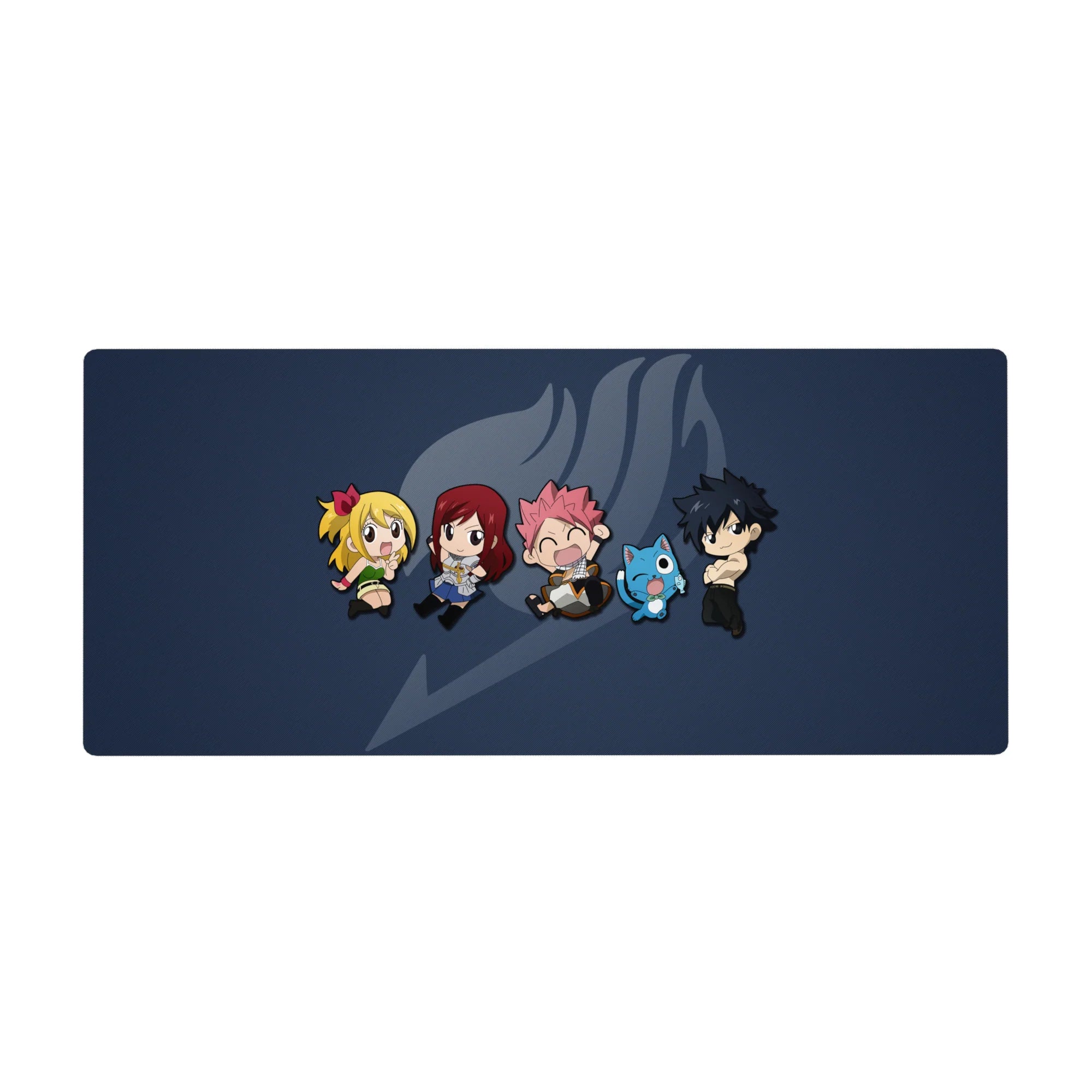 Fairy Tail chibi crew lineup on navy with gray guild emblem, 36x16 inches anime desk pad.