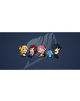 Fairy Tail chibi crew lineup on navy with gray guild emblem, 36x16 inches anime desk pad.