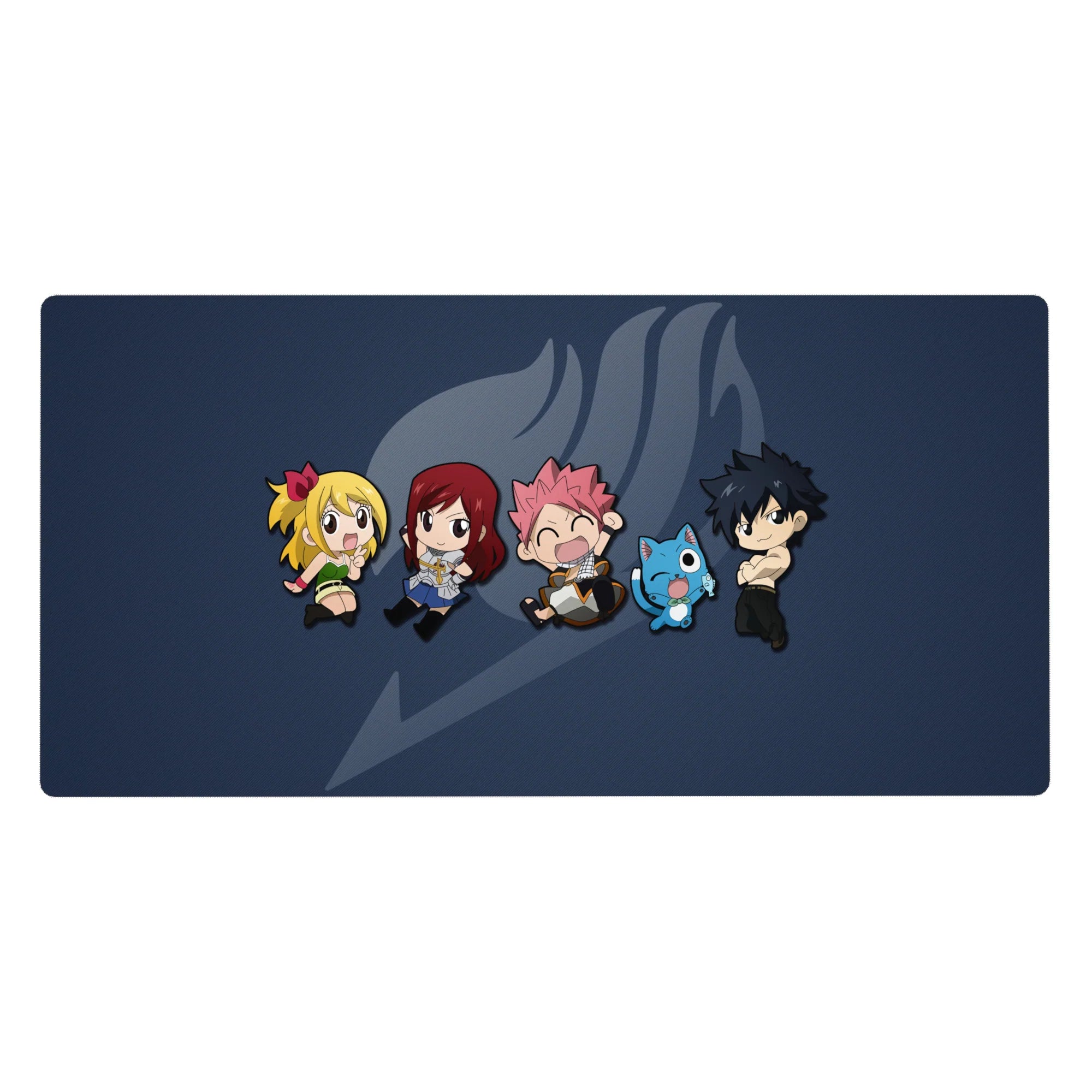 Fairy Tail chibi crew lineup on deep navy with ghosted guild mark, 40x20 inches anime desk pad.