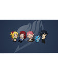 Fairy Tail chibi crew lineup on deep navy with ghosted guild mark, 40x20 inches anime desk pad.