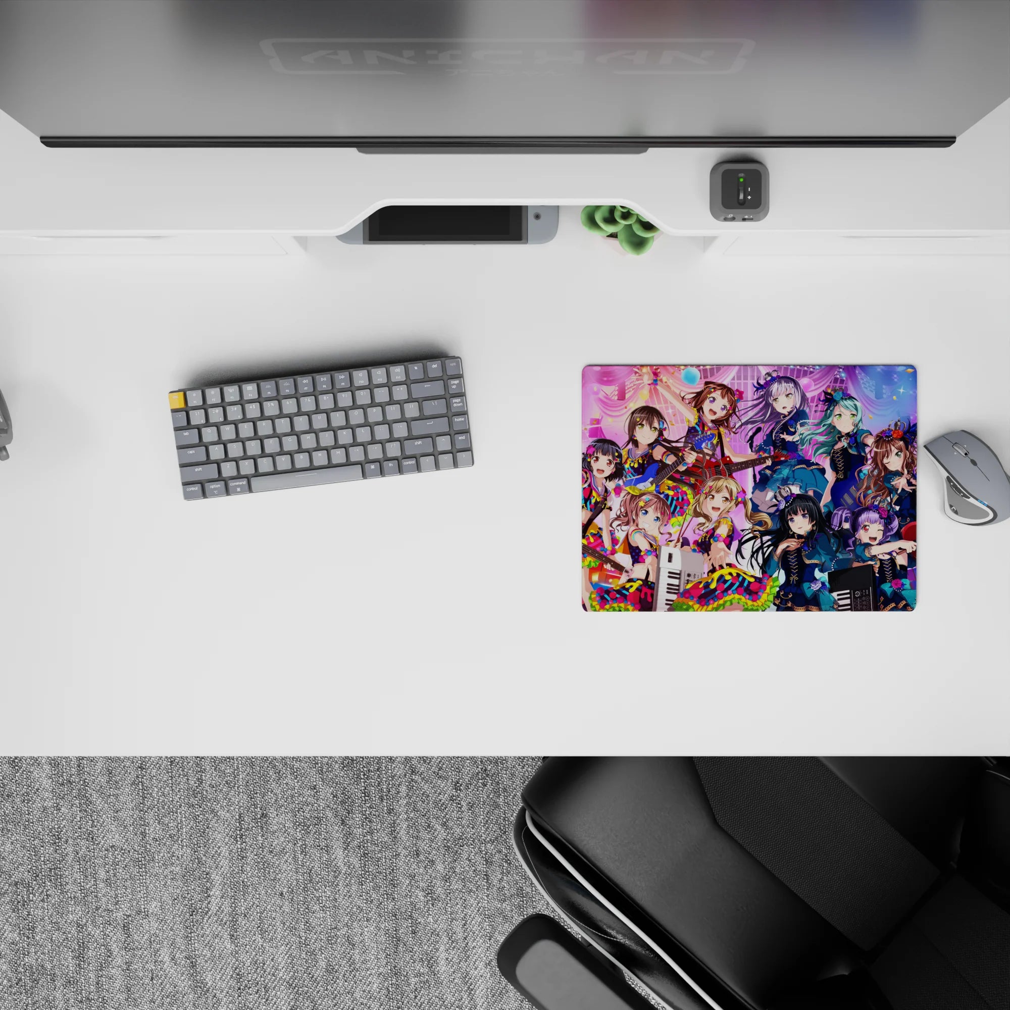 Teal violet and candy pink anime mouse pad 14x10 inches, sparkling cute chaos with frilly idol vibe.