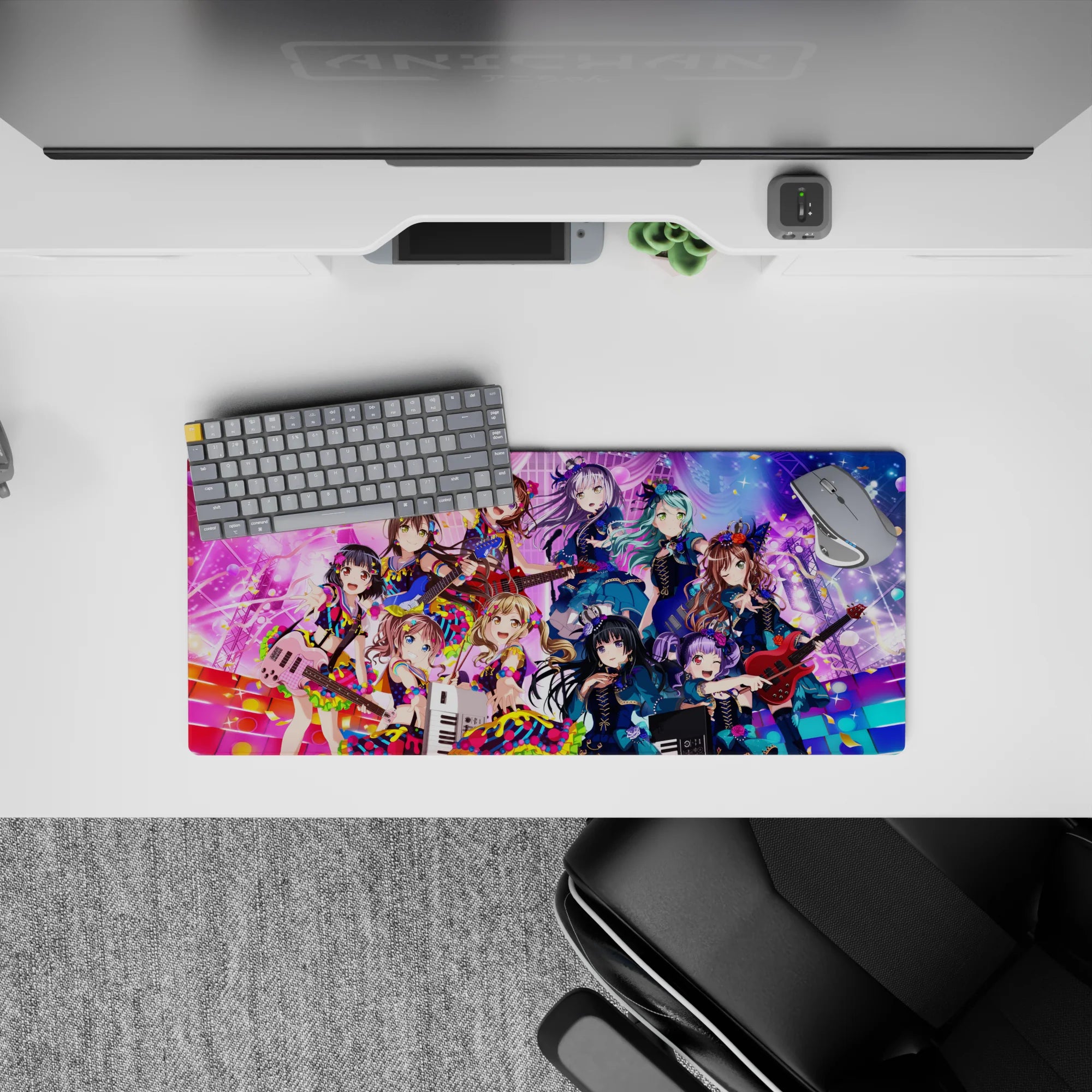 28x12 inches anime girl mouse pad in teal, violet, and candy pink neon glow, cute chaotic stage vibe.