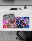 28x12 inches anime girl mouse pad in teal, violet, and candy pink neon glow, cute chaotic stage vibe.