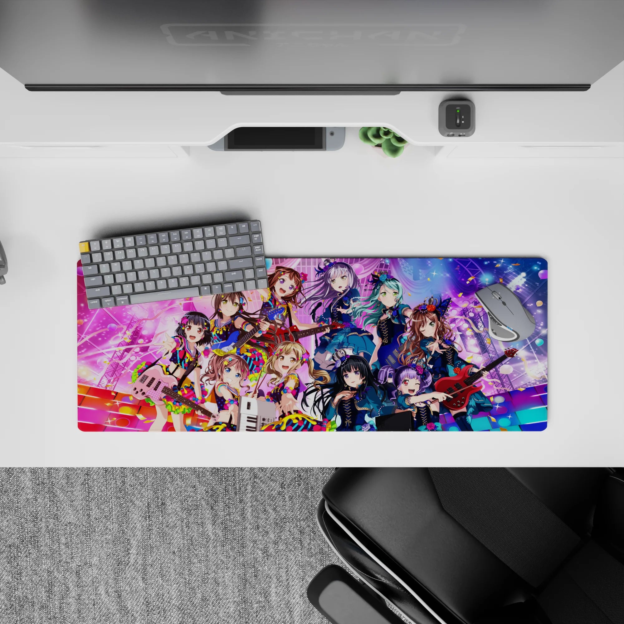 Teal violet and candy pink kawaii anime mouse pad 32x12 inches, upbeat idol vibe with cute chaos.