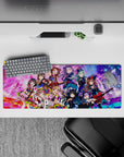 Teal violet and candy pink kawaii anime mouse pad 32x12 inches, upbeat idol vibe with cute chaos.