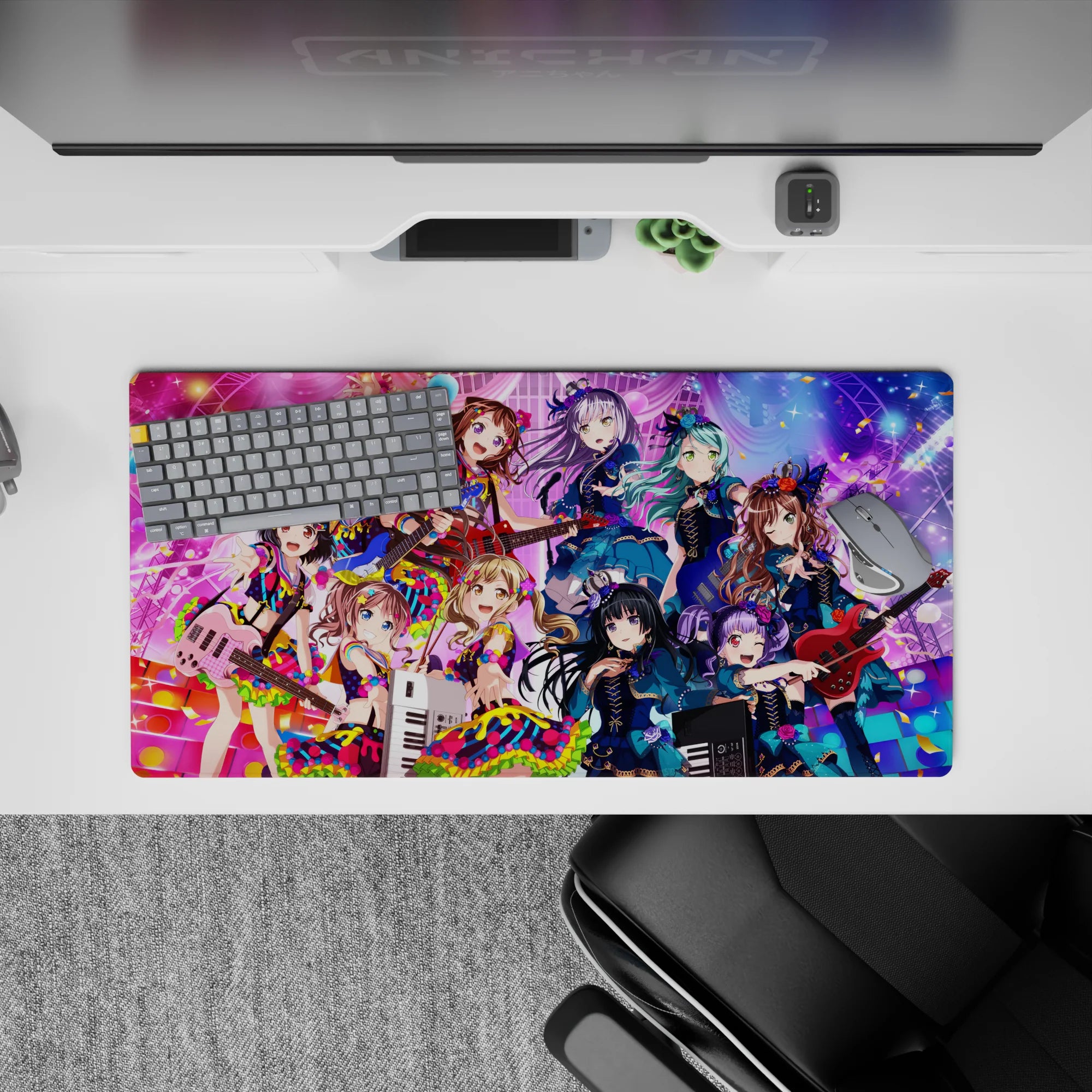 32x16 inches anime girl mouse pad in teal, violet, and candy pink sparkle chaos, cute neon stage vibe.