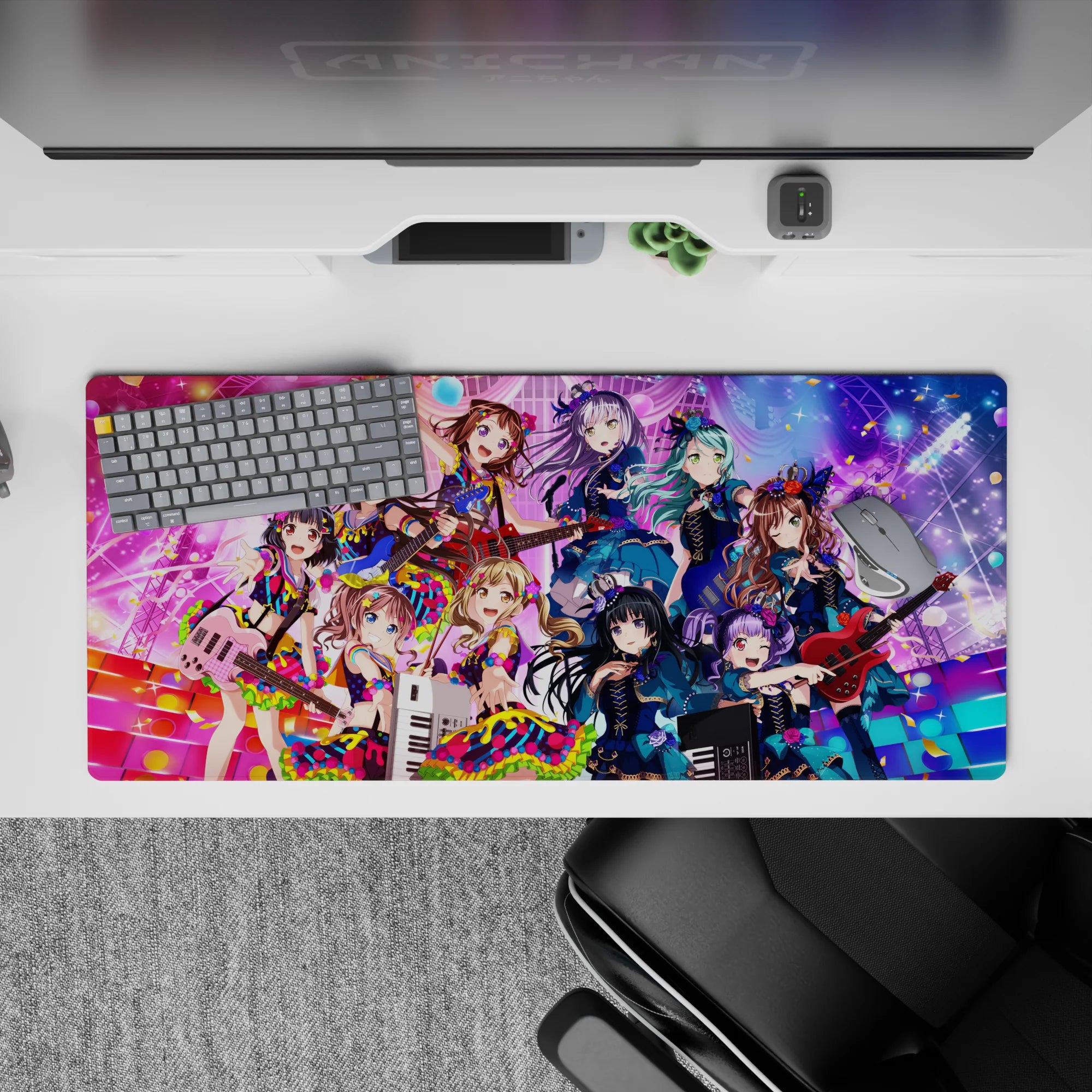 36x16 inches anime desk pad in teal, violet, candy pink; sparkly cute chaos with idol vibes.