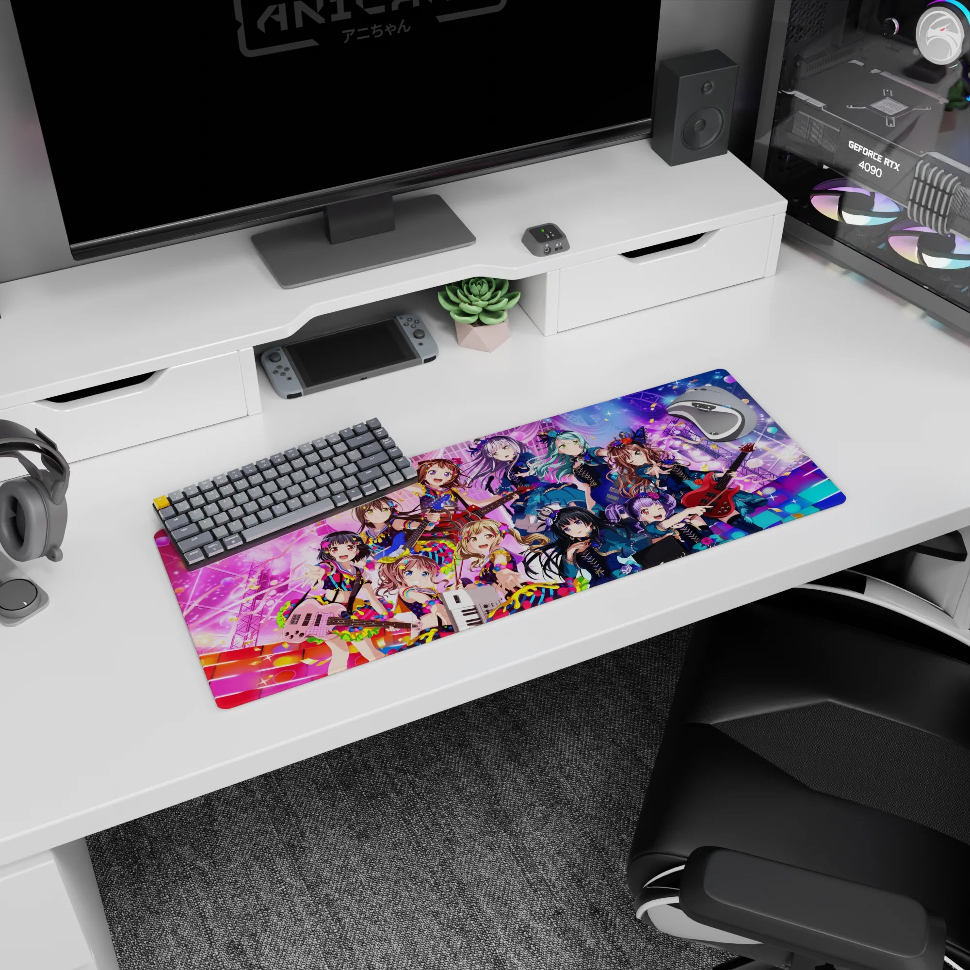 Wide-eyed anime idol girl winking on mouse pad 32x12 inches, reaching out amid ribbons and keytar.
