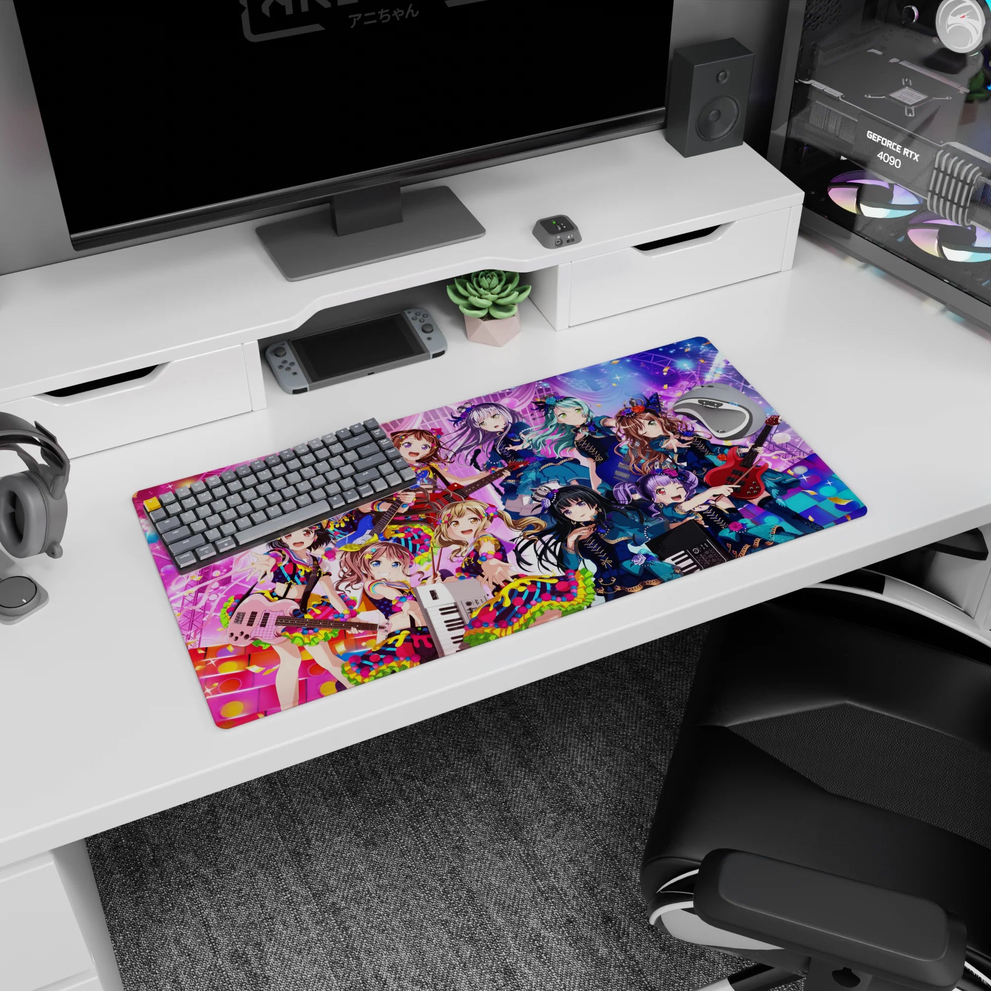 32x16 inches anime girl mouse pad featuring wide-eyed idol winking, reaching out amid keytar and confetti.