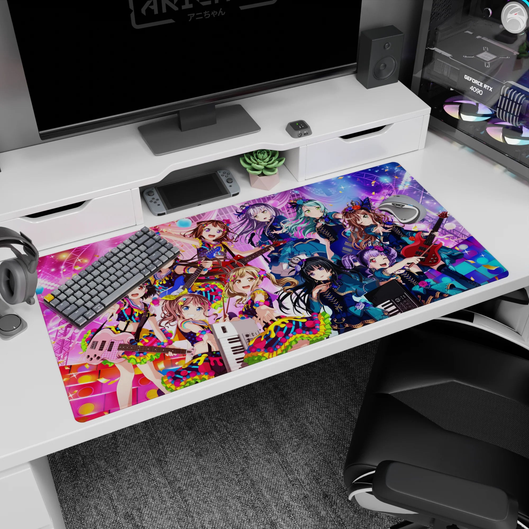 40x20 inches anime girl mouse pad with wide-eyed idol winking, reaching out amid ribbons and keytar.