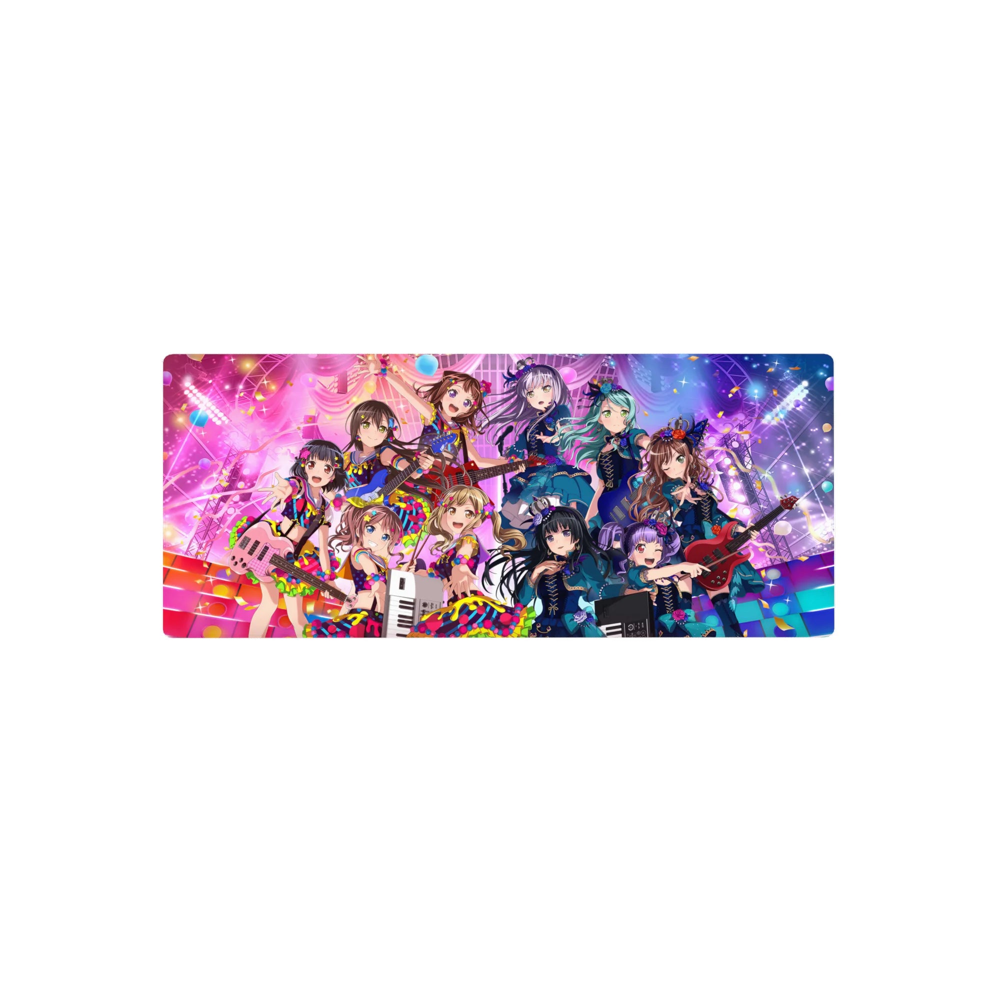 28x12 inches anime girl mouse pad with neon idol concert, frilly dresses, guitars, keytar, confetti.