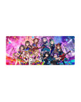 28x12 inches anime girl mouse pad with neon idol concert, frilly dresses, guitars, keytar, confetti.