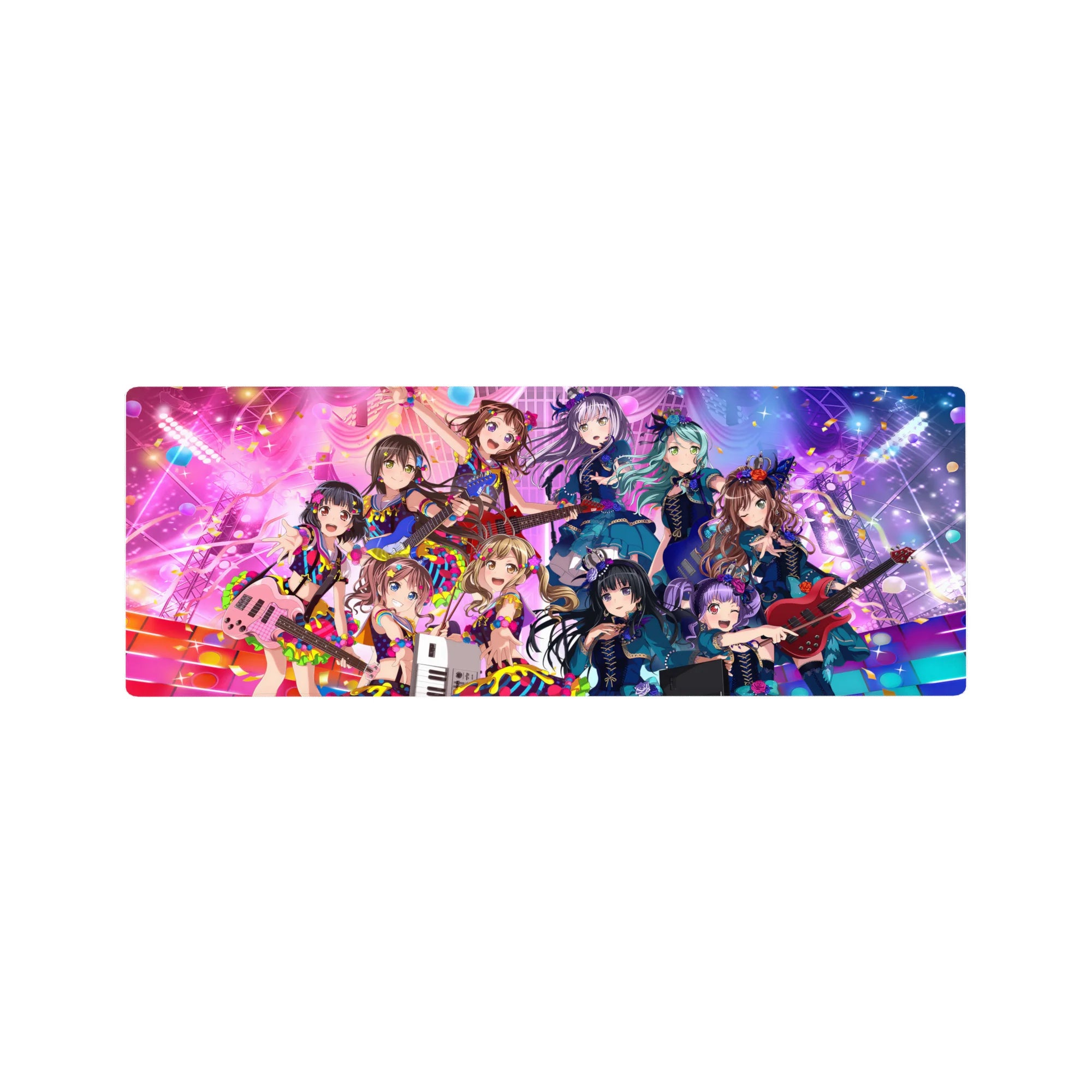 Neon concert anime girl mouse pad 32x12 inches with idol outfits, guitars, confetti, and sparkles.