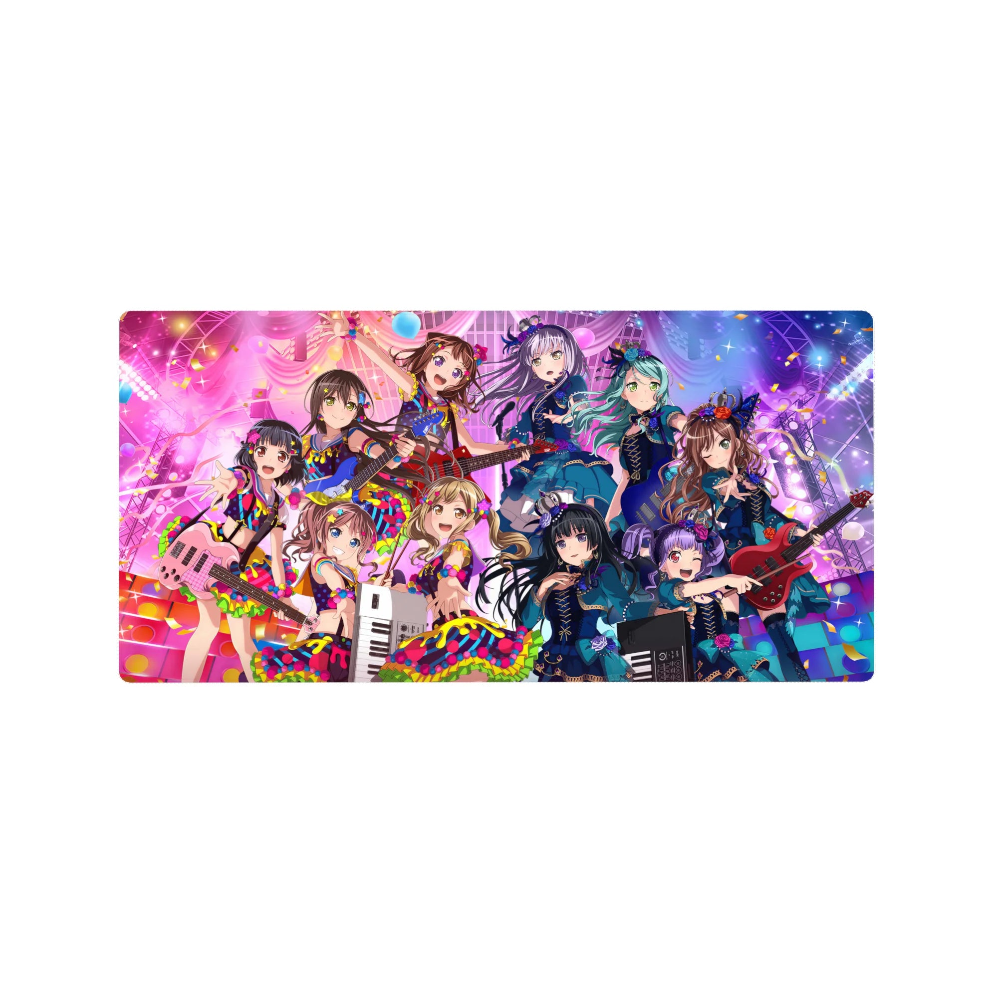 32x16 inches anime girl mouse pad with neon idol concert, frilly dresses, ribbons, confetti, guitars.