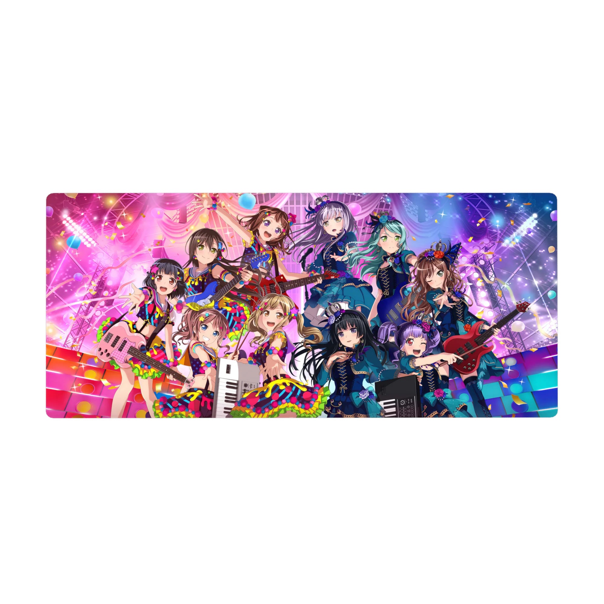 36x16 inches anime girl desk pad with neon idol concert, frilly dresses, ribbons, confetti, guitars.