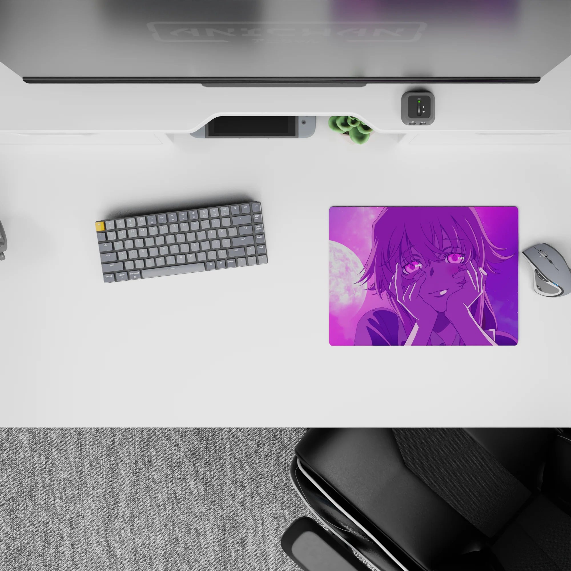Cute moody anime mouse pad 14x10 inches in pink-to-violet gradient, dreamy late-night romance vibe.