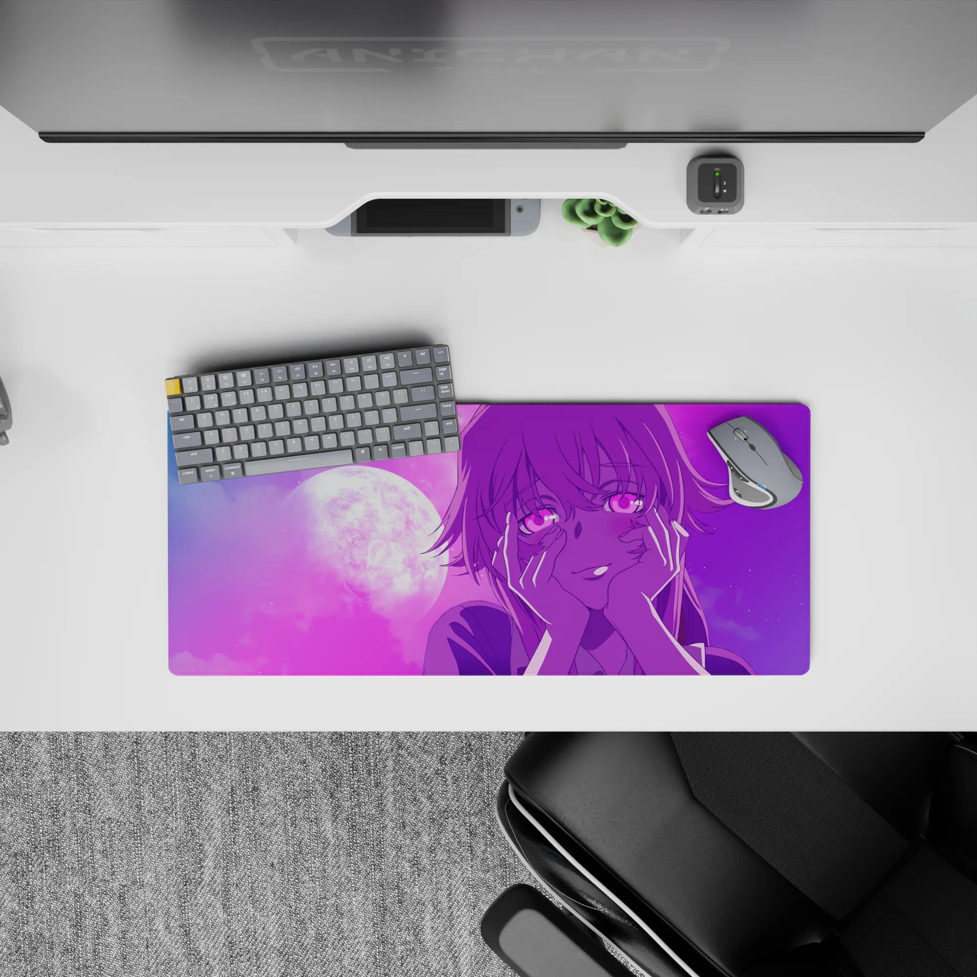 28x12 inches anime mouse pad in pink-to-violet gradient, dreamy late-night romance vibe, cozy wrist support.