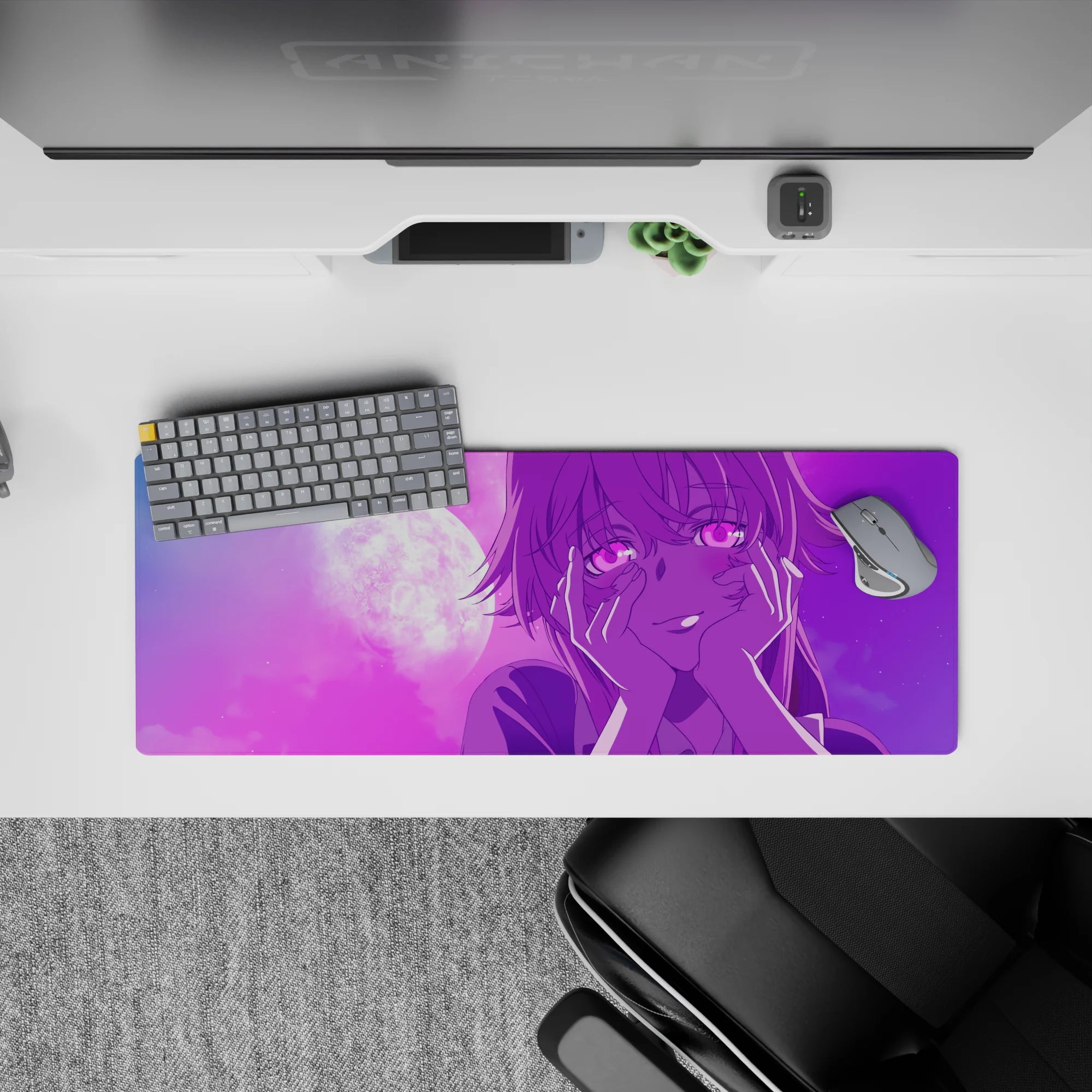 32x12 inches anime mouse pad in pink-to-violet gradient, dreamy late-night romance vibe, soft glow.