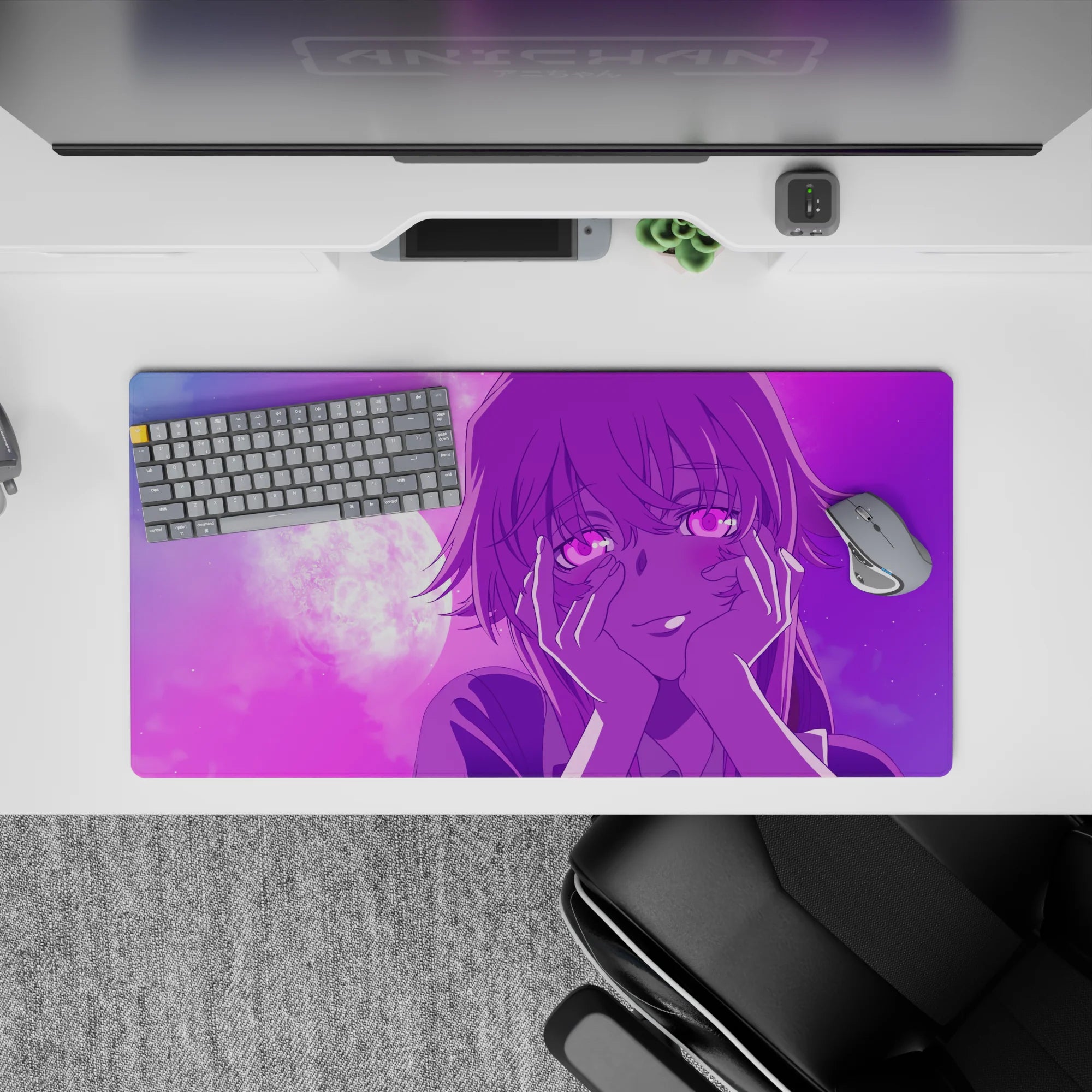 32x16 inches anime girl mouse pad in pink-to-violet gradient, dreamy late-night romance mood.