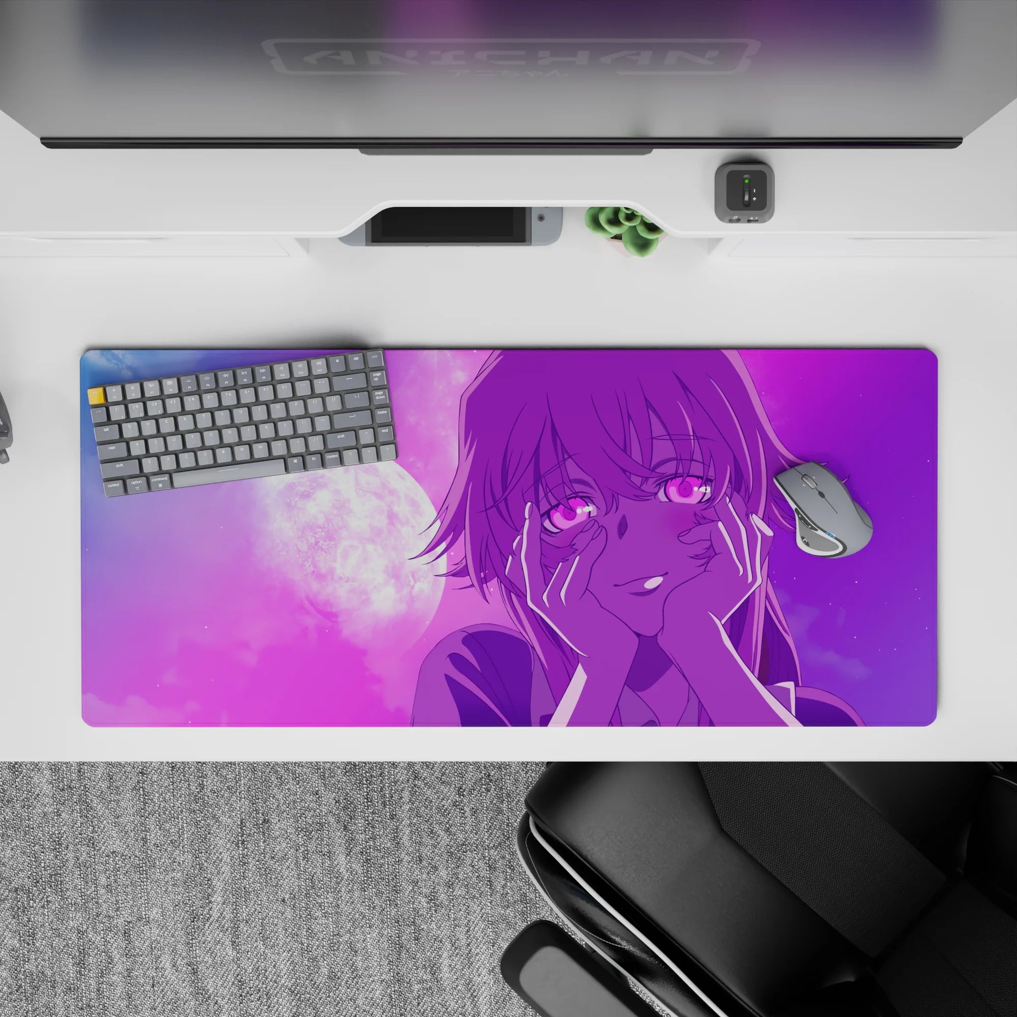 36x16 inches anime desk pad in pink-to-violet gradients, dreamy late-night romance vibe, soft and moody.