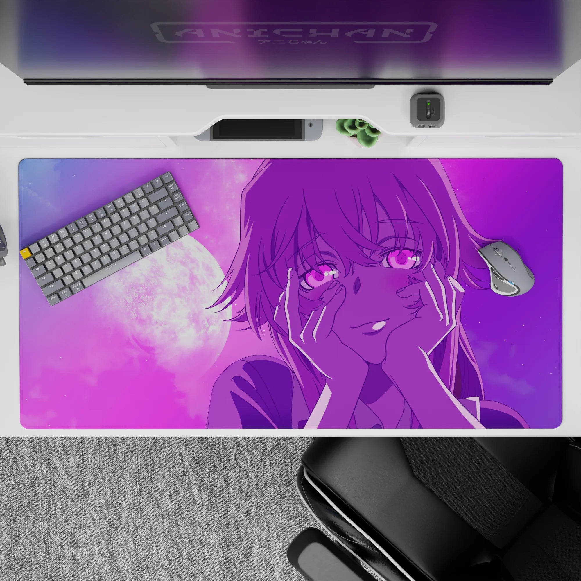 Moody pink-to-violet gradient anime desk pad 40x20 inches, cotton-candy fog tones for a cozy setup.