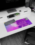28x12 inches mouse pad showing a soft-staring anime girl under a glowing moon in cotton-candy fog.